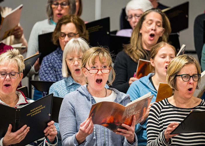 Norwich Philharmonic Orchestra and Chorus rehearsal, with Jill Morton, piano, Judy Louie Brown, mezzo-soprano, Matthew Andrews and Ashley Grote, conductors. Photograph Bill Smith for Norwich Phil.