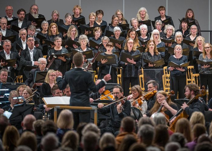 Norwich Philharmonic Orchestra and Chorus, with Jill Morton, piano, Judy Louie Brown, mezzo-soprano, Matthew Andrews and Ashley Grote, conductors. Photograph Bill Smith for Norwich Phil.