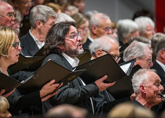 Norwich Philharmonic Orchestra and Chorus, with Jill Morton, piano, Judy Louie Brown, mezzo-soprano, Matthew Andrews and Ashley Grote, conductors. Photograph Bill Smith for Norwich Phil.