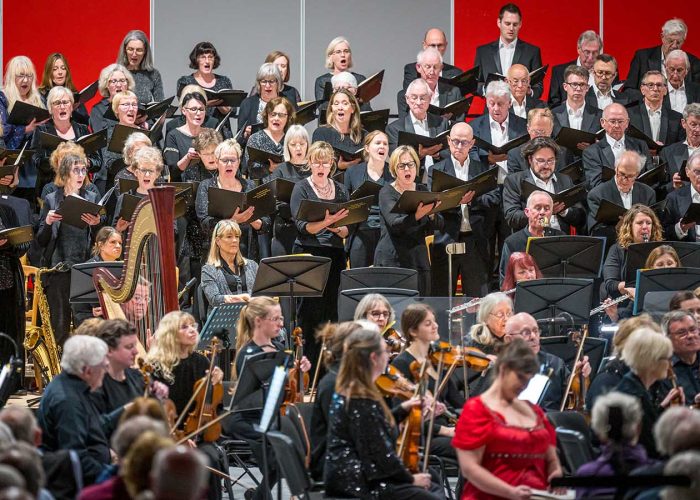 Norwich Philharmonic Orchestra and Chorus, with Jill Morton, piano, Judy Louie Brown, mezzo-soprano, Matthew Andrews and Ashley Grote, conductors. Photograph Bill Smith for Norwich Phil.